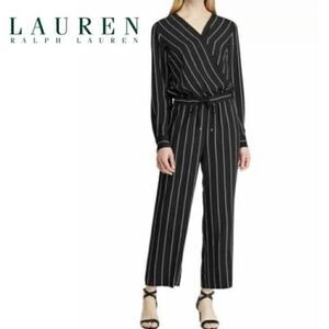 𝅺nwt Lauren Ralph Lauren Size 6 Black White Stripe Surplice Jumpsuit